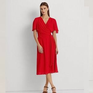Lauren Ralph Lauren Red Georgette Flutter Sleeve Faux Wrap Midi Dress 6 FLAWED